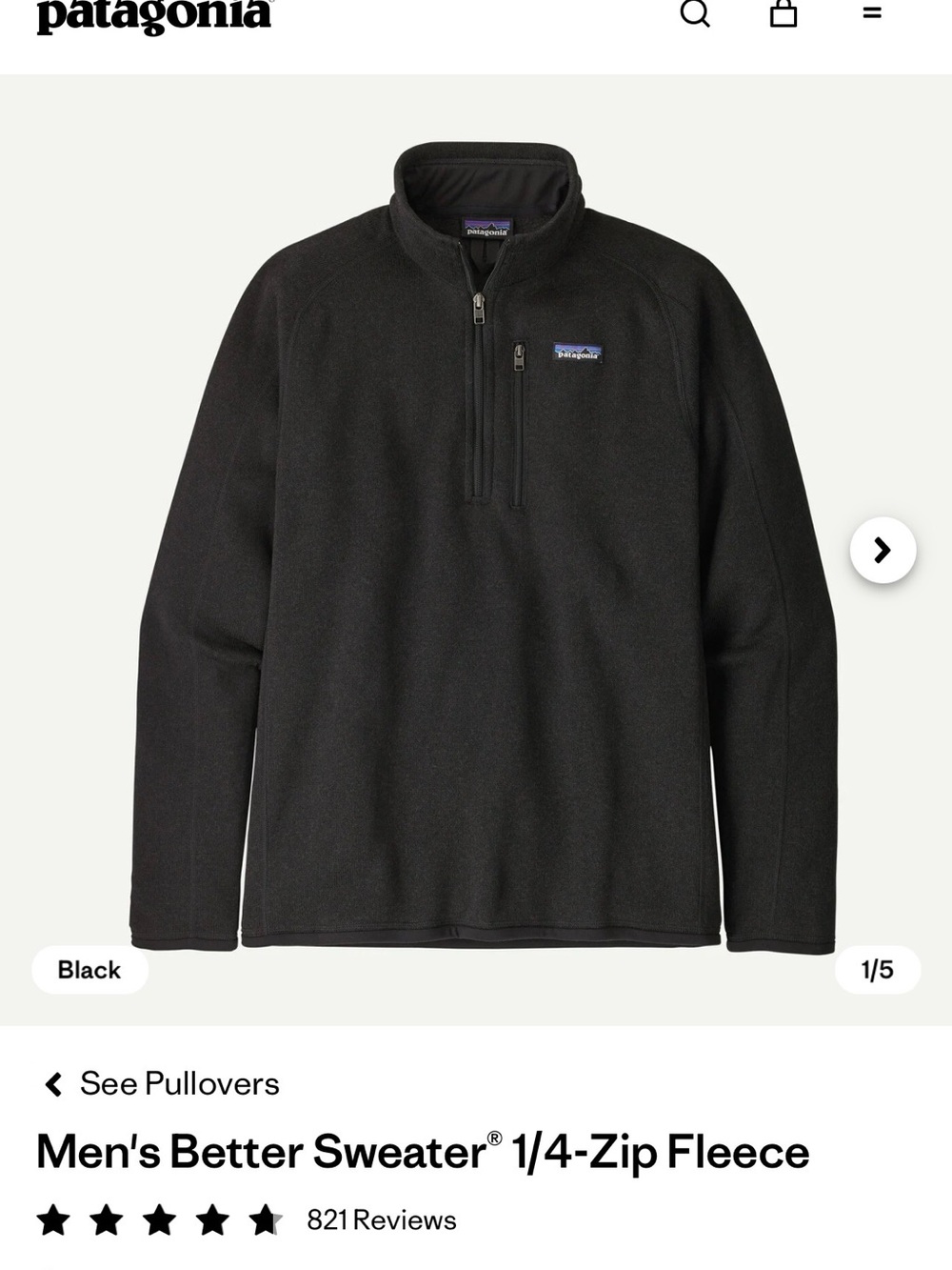 Patagonia Men’s Black 1/4-Zip Sweater-Fleece Pullover